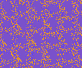 swirl vine shape repeat pattern in orange  color on purple background .