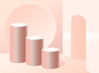Podium. Three pedestals against the background of a circle and an arch. Pastel shades. Abstract background. 3D visualization