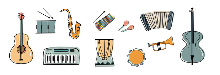 Musical instruments - colorful flat design style objects
