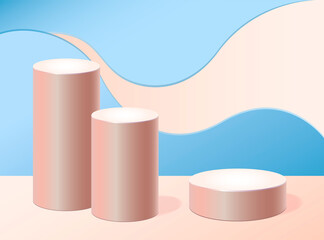 Cylindrical podium. Three pedestals in height. A stage for placing awards, items, cosmetics or other. Background with abstract blue waves. Mock up for your design. 3D visualization