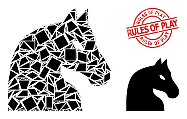 Simple geometric chess horse mosaic and Rules of Play dirty stamp seal. Red stamp seal includes RULES OF PLAY text inside circle and lines template.