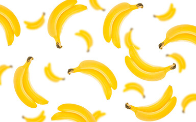Juicy yellow falling bananas on a white background.