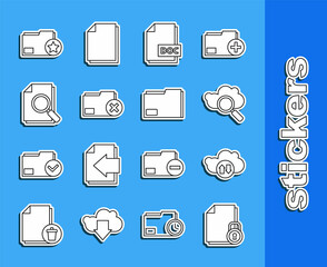 Set line Document and lock, Cloud download upload, Search cloud computing, DOC file document, Delete folder, with search, star and icon. Vector