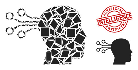 Simple geometric mind interface mosaic and ARTIFICIAL INTELLIGENCE scratched stamp seal. Red seal has Artificial Intelligence title inside round and lines shape.