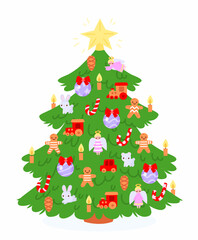 Vector. Christmas tree with cozy decoration in trendy retro style. Green fir or pine, decorated with traditional design elements.