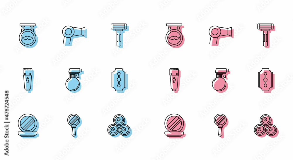 Sticker Set line Makeup powder with mirror, Hand, Barbershop, Towel rolls, Hairdresser pistol spray bottle, Blade razor, Electrical hair clipper shaver and dryer icon. Vector