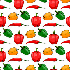 Seamless pattern with positive green, orange and red peppers on white background. Vector image.