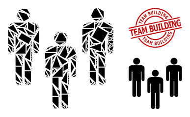 Simple geometric people crowd mosaic and TEAM BUILDING scratched seal. Red stamp seal has TEAM BUILDING tag inside round and lines template.