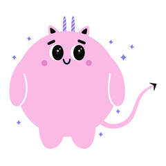Cute chubby monster with horns and happy face emotion. Bizzare kind devil character in flat style. Adorable childish creature in pastel color. Hand drawn comic beast isolated on white background