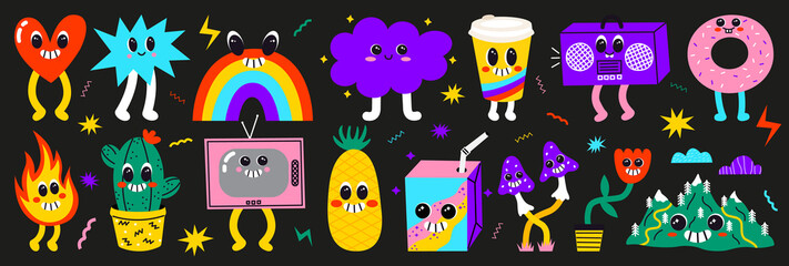 Vector collection of abstract funny characters. Psychedelic comic faces with crazy smile. Retro heart, star, rainbow, cloud, cup, radio, donut, cactus, tv, pineapple, mushrooms, mountain stickers