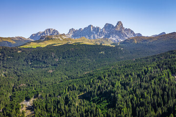 aerial view of forest and pale di san martino mountains in the dolomites