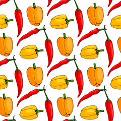 Seamless pattern with positive yellow, orange and red peppers on white background. Vector image.