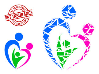 Simple geometric familty care mosaic and PET INSURANCE grunge stamp. Red stamp contains Pet Insurance caption inside circle and lines form.