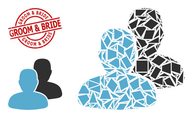 Simple geometric users mosaic and GROOM & BRIDE unclean stamp seal. Red stamp seal has Groom & Bride caption inside round and lines form. Vector users icon collage filled of randomized triangles,