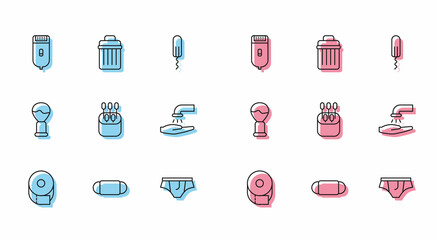 Set line Toilet paper roll, Medical protective mask, Electrical hair clipper or shaver, Underwear, Cotton swab for ears, Washing hands with soap, Shaving brush and Trash can icon. Vector