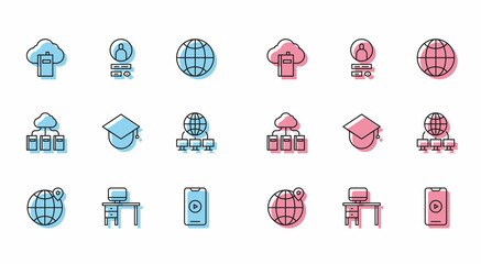 Set line Location on the globe, Computer monitor and desk, Cloud online library, Online play video, Graduation cap, network, and Create account screen icon. Vector