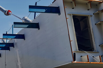 Sectional beam of a modern cable-stayed bridge. Entrance to the technological corridor for service personnel. Construction of an automobile cable-stayed bridge across the Zeya River.