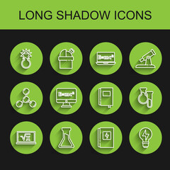 Set line Square root of x glyph, Test tube and flask, Electrical panel, Light bulb with lightning, Equation solution, and Book icon. Vector