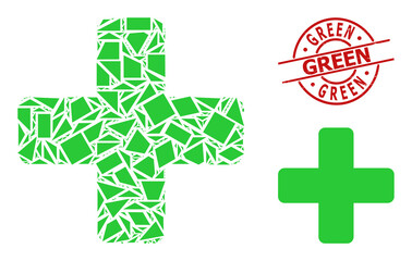 Obraz premium Simple geometric green cross mosaic and Green rubber stamp seal. Red stamp seal includes Green text inside round and lines template. Vector green cross icon collage is combined of chaotic triangles,