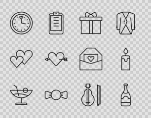 Set line Cocktail, Champagne bottle, Gift box, Bow tie, Clock, Amour with heart and arrow, Violin and Burning candle icon. Vector