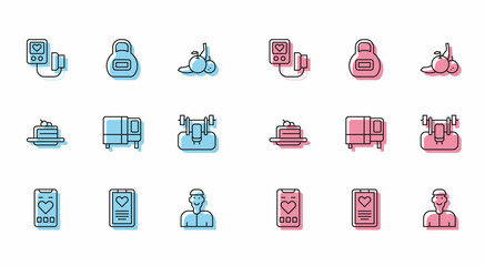 Set line Mobile with heart rate, Medical clipboard, Blood pressure, Positive thinking, Bed, Bench barbel, Cake and Kettlebell icon. Vector
