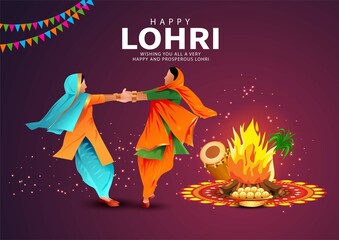 Happy Lohri festival of Punjab Indian harvest background. vector illustration of two girls playing lohri dance. - obrazy, fototapety, plakaty