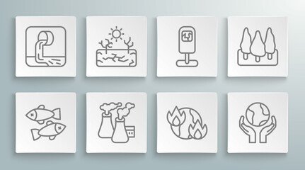 Set line Dead fish, Drought, Smoke from factory, Global warming fire, Hands holding Earth globe, Trash can, Forest and Wastewater icon. Vector