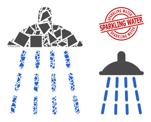 Simple geometric water shower mosaic and SPARKLING WATER grunge seal. Red stamp seal contains Sparkling Water tag inside circle and lines form.