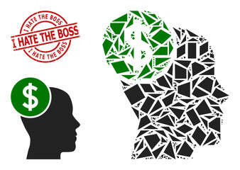 Simple geometric head banking mosaic and I Hate the Boss corroded stamp seal. Red stamp includes I Hate the Boss tag inside circle and lines shape.