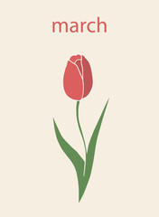 Floral collection with leaves, tulips Happy 8 March. Vector flowers. Spring art print with botanical elements. Festive postcard. Folk style. Spring holiday posters. icons isolated on white background