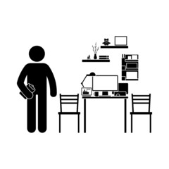 Design of modern home office working place vector illustration icon set. Stick figure and table, desk, chair, computer, desktop, lamp isolated on white background