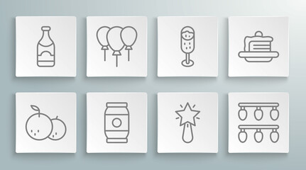 Set line Tangerine, Balloons with ribbon, Beer can, Christmas star, lights, Glass of champagne, Cake and Champagne bottle icon. Vector