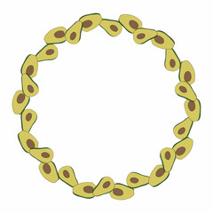 Round frame with awesome avocado on white background. Vector image.