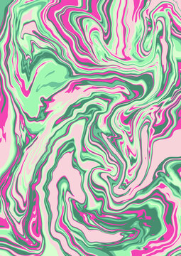 Fluid art texture. Abstract background with swirling paint effect. Liquid acrylic picture that flows and splashes. Mixed paints for interior poster. Green, pink and beige overflowing colors