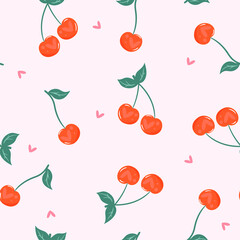 Seamless pattern with cherries and hearts. Vector graphics.