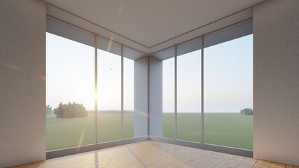 Interior background window overlooking the garden 3d rendering