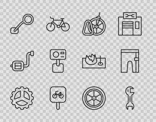 Set line Bicycle sprocket crank, Wrench spanner, parking, rear view mirror, Action extreme camera, wheel and Cycling shorts icon. Vector