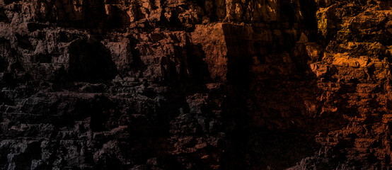 Mystic grim mountain rock prison. Fogy spooky fortress in dark alley. Old cragged creepy mythical cliff. Vintage fearful crannied horrible stone. Damaged terrible karst cavern for crime mystery drama