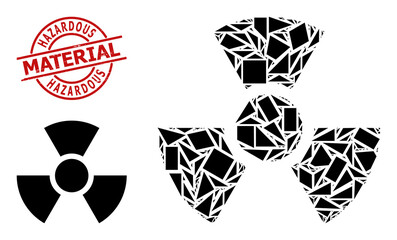 Simple geometric radioactivity mosaic and Hazardous Material grunge stamp seal. Red stamp seal has Hazardous Material title inside round and lines shape.