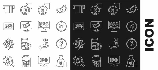 Set line Coin money with euro symbol, Financial growth and dollar, Yen, Stacks paper cash, Cryptocurrency exchange, Credit card inserted and icon. Vector