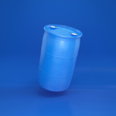 Blue plastic barrel floating on a blue background, 3d render
