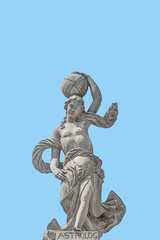 Cover page with ancient sculpture of a woman with an inscription Astrolog at the top roof of Archbishop Palace in Prague, Czech Republic, with copy space and blue sky solid background.