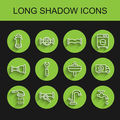 Fototapeta premium Set line Shower, Industry metallic pipe, Water filter, tap, Wrench spanner, Plumber service car and Washbasin icon. Vector