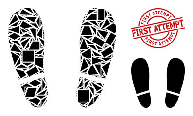 Simple geometric human footprints mosaic and First Attempt unclean stamp seal. Red stamp seal includes First Attempt tag inside round and lines template.