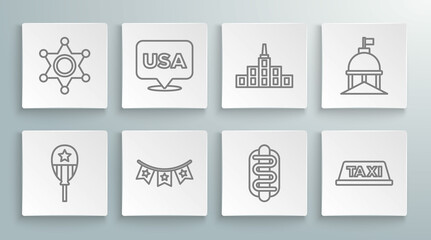 Set line Balloons, USA Independence day, Carnival garland with flags, Hotdog sandwich, Taxi car roof, City landscape, White House and Hexagram sheriff icon. Vector