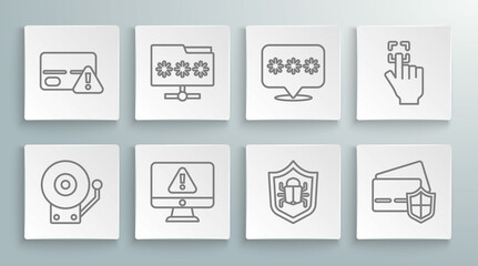 Set line Ringing alarm bell, Folder with password, Monitor exclamation mark, System bug, Credit card shield, Password protection, Fingerprint and icon. Vector