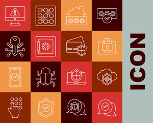 Set line Check mark in speech bubble, Cloud and shield, Laptop lock, House with password, Safe, Smart key, Monitor exclamation and Credit card icon. Vector