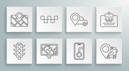 Set line Traffic light, Taxi car roof, Gps device with map, City navigation, Location bus, taxi, driver license and icon. Vector