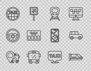 Set line Location with bus, High-speed train, Bus, Taxi car roof, Taximeter, taxi and Car icon. Vector