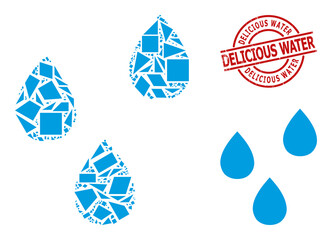 Simple geometric water drops mosaic and Delicious Water unclean stamp seal. Red stamp seal has Delicious Water tag inside circle and lines template.